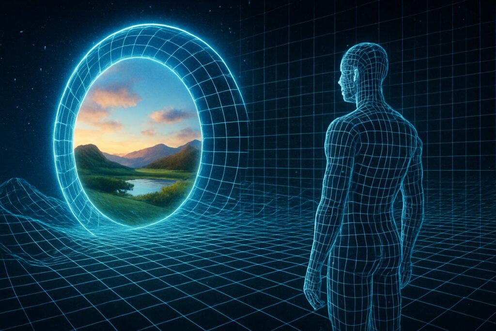 A digital rendering of a glowing, wireframe person standing in a grid-like space, looking at a circular portal that opens to a lush landscape. The image symbolizes a person's consciousness observing and collapsing quantum possibilities into physical reality.