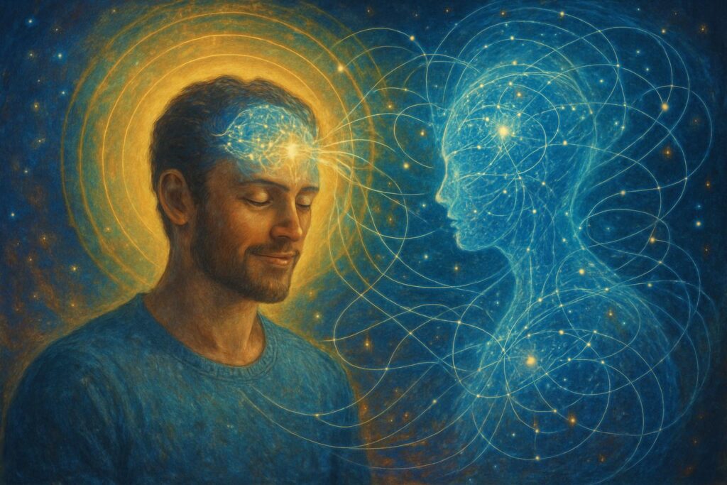 A man in a state of calm meditation with a glowing, intricate brain and visible neural pathways. A glowing, blue wireframe figure, representing a spiritual or energetic double, stands next to him. The two figures are connected by lines of light against a cosmic backdrop, symbolizing the deep connection between the human mind and a quantum system of reality.