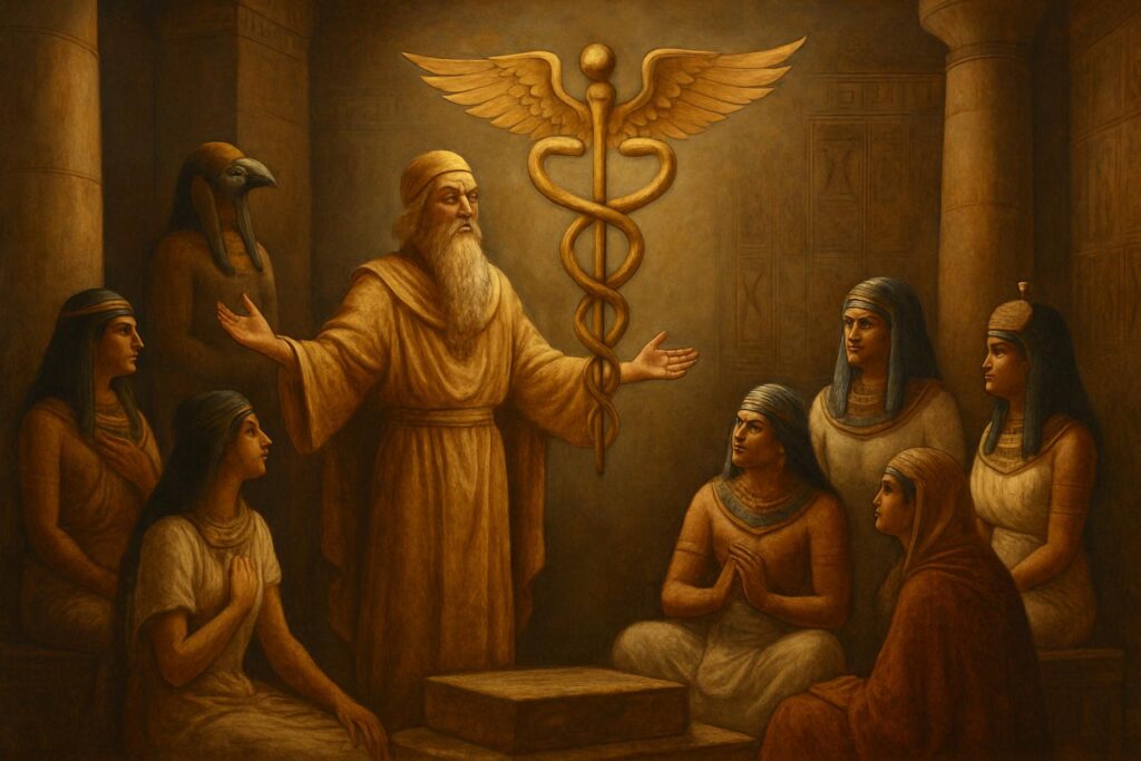 A wise, ancient figure with a white beard, symbolizing Hermes Trismegistus, teaches a group of students within a classical Egyptian temple. He gestures with his hands towards a large caduceus symbol at the center of the room, representing the esoteric principles of Hermetic tradition.
