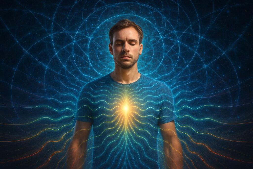 A man surrounded by a vibrant, glowing energy field and circuit-like patterns. The image visually represents the concept of the mind as an electromagnetic transceiver, broadcasting and receiving energy.